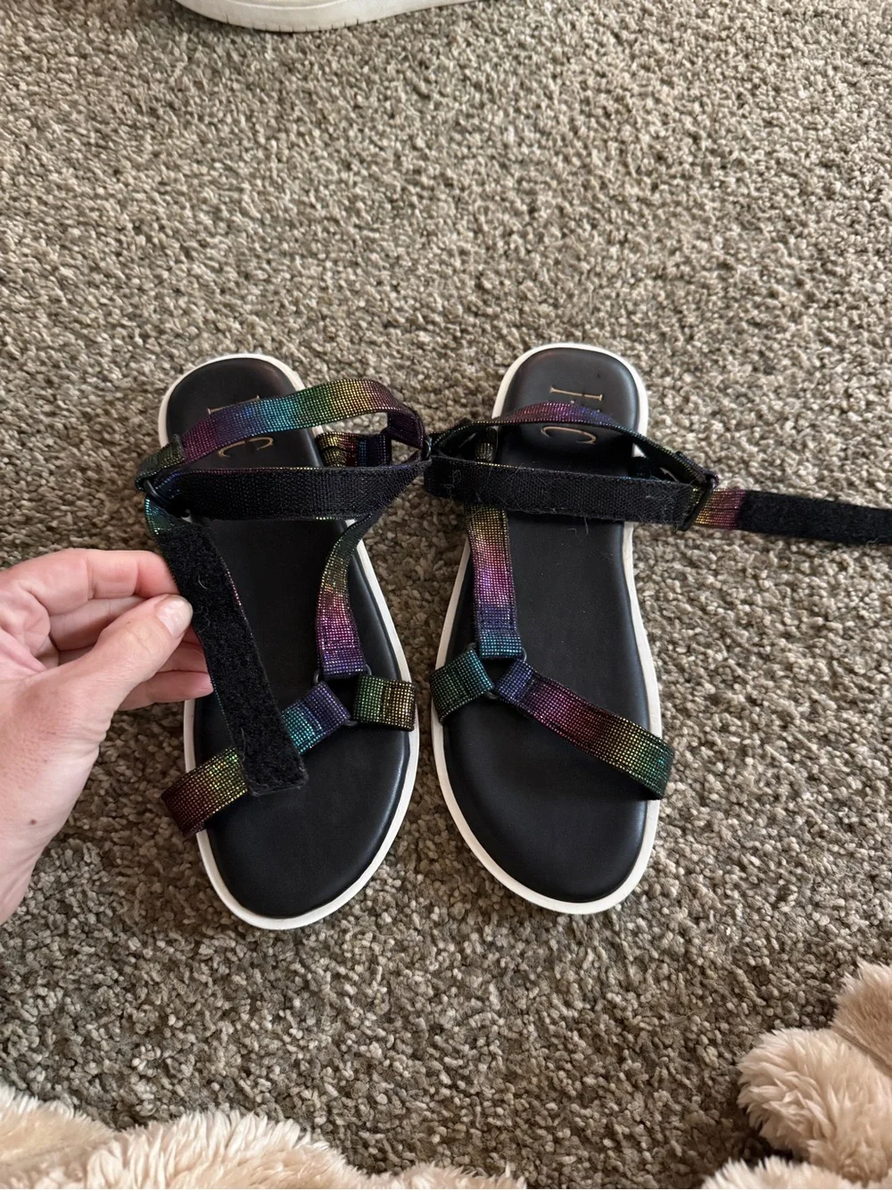 INC girls size 5 iridescent black and white sandals.